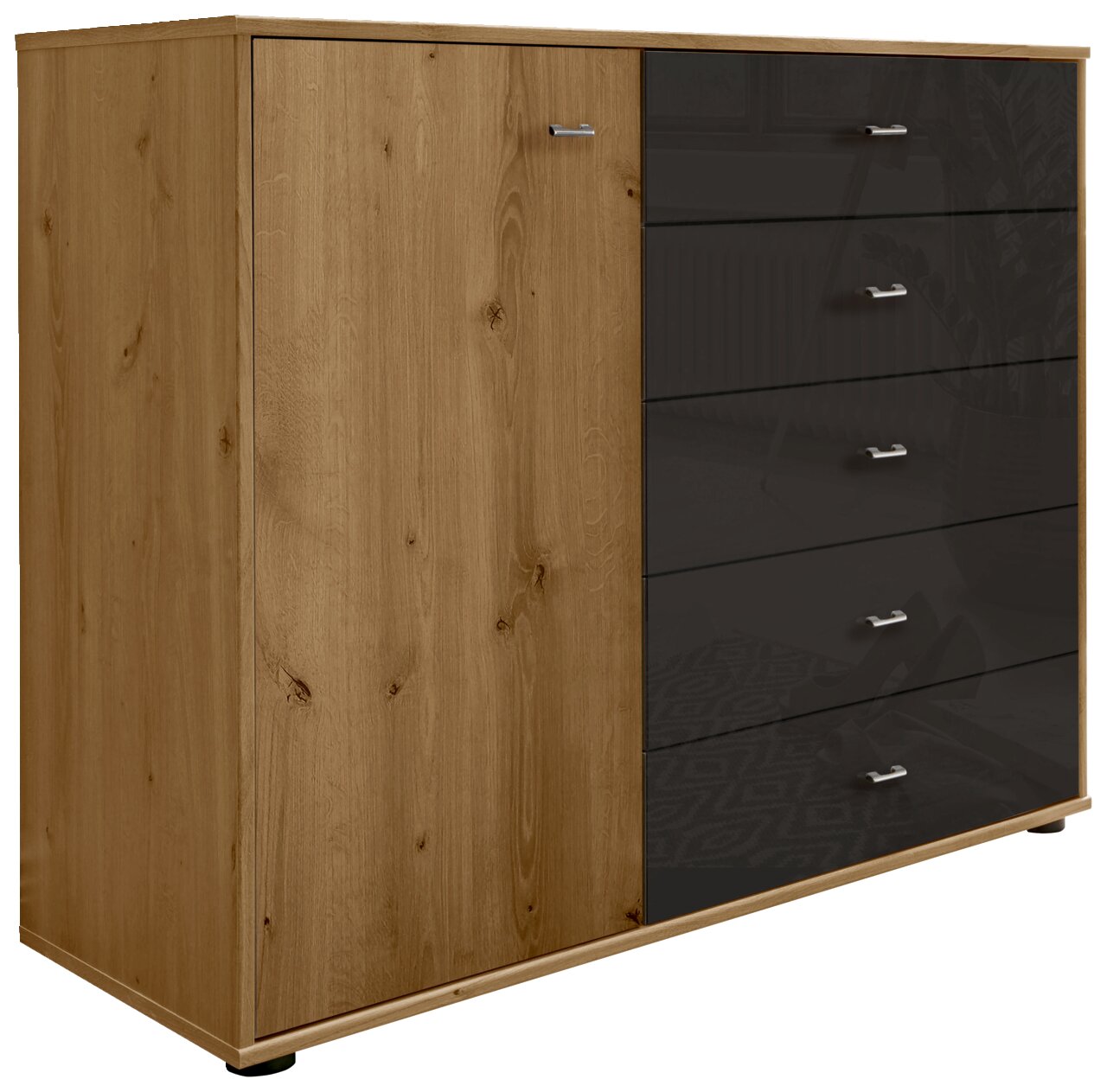 Houten ladekast met één deur en vier lades in donkere hoogglans, zijaanzicht