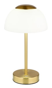 Elegante Tischleuchte mit weißem Schirm und goldfarbenem Sockel, seitliche Perspektive