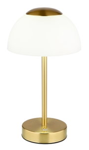 Elegante Tischleuchte mit weißem Schirm und goldfarbenem Sockel, seitliche Perspektive