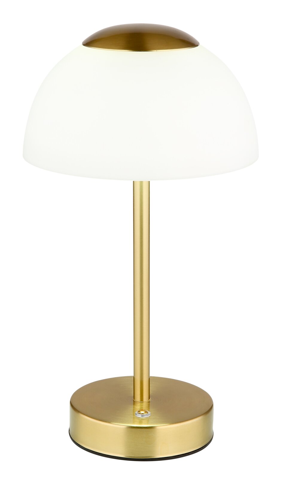 Elegante Tischleuchte mit weißem Schirm und goldfarbenem Sockel, seitliche Perspektive