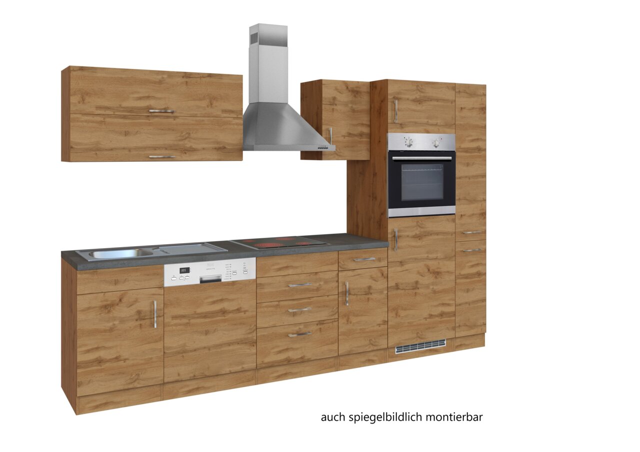 Moderne Küchenzeile in Holzoptik mit eingebautem Backofen, Herd, Spüle und Dunstabzugshaube, frontal betrachtet.