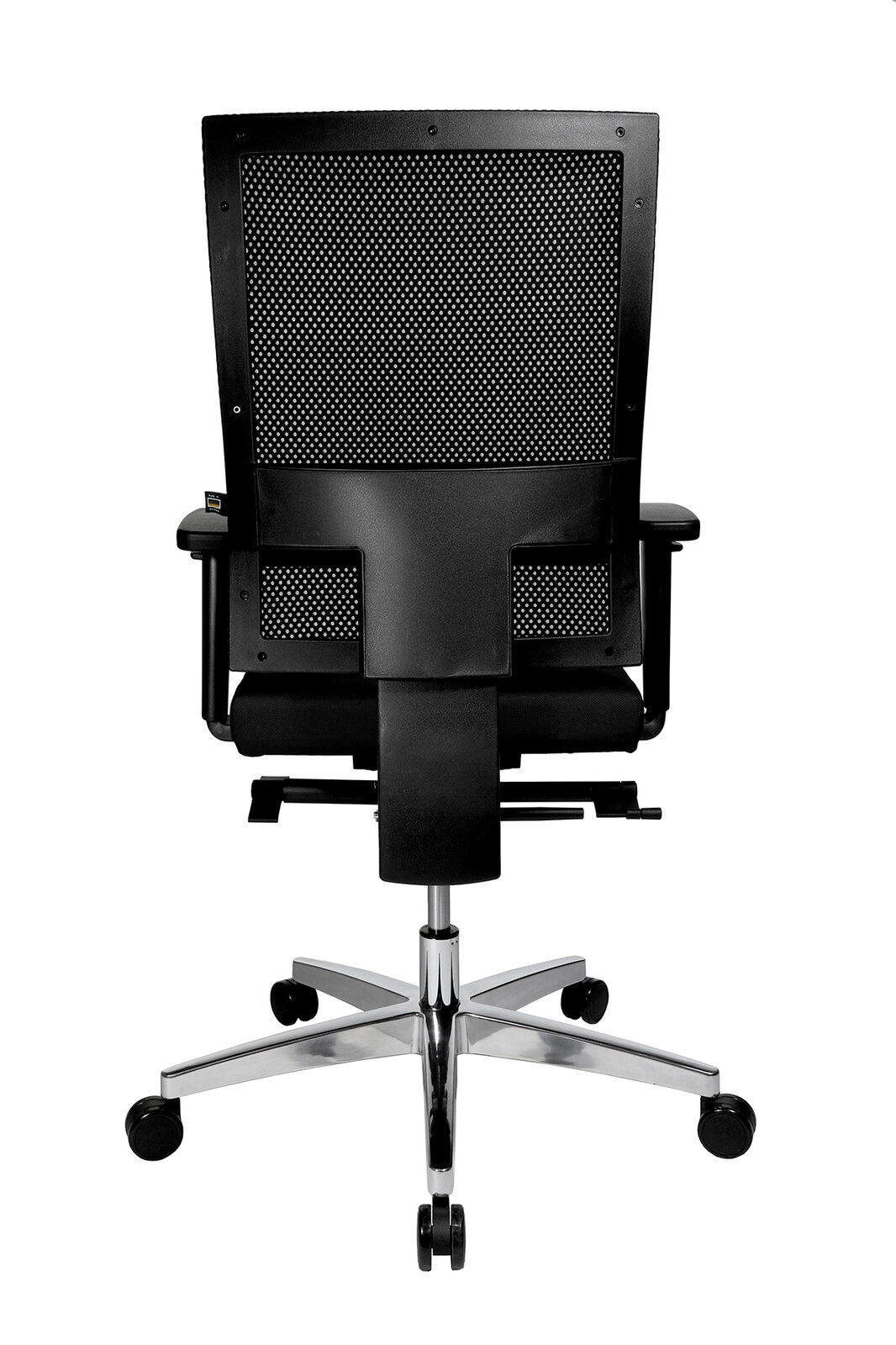 Rückansicht eines modernen Drehstuhls mit Netzrückenlehne und verchromtem Fußkreuz.