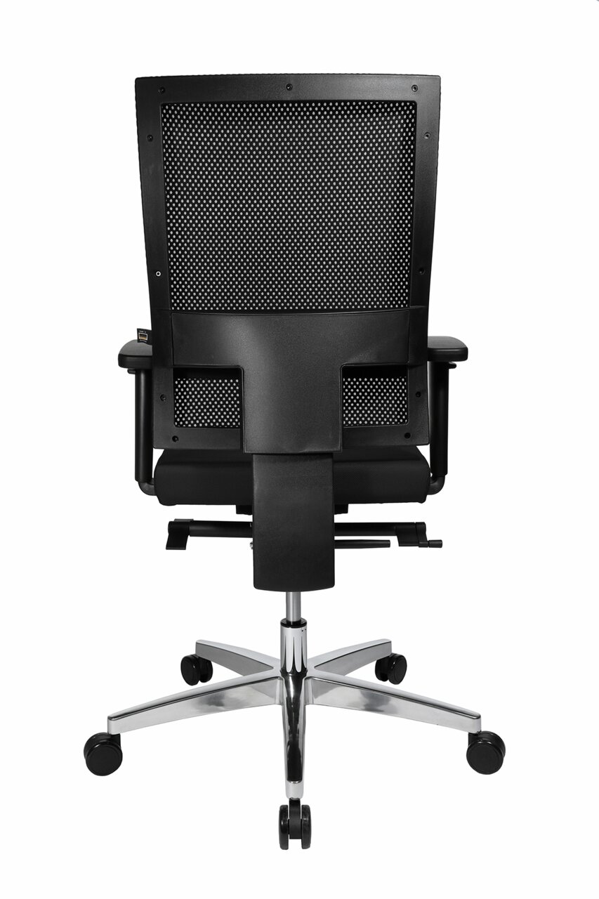 Rückansicht eines modernen Drehstuhls mit Netzrückenlehne und verchromtem Fußkreuz.