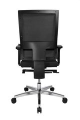 Rückansicht eines modernen Drehstuhls mit Netzrückenlehne und verchromtem Fußkreuz.