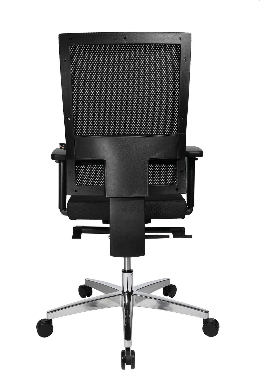 Rückansicht eines modernen Drehstuhls mit Netzrückenlehne und verchromtem Fußkreuz.