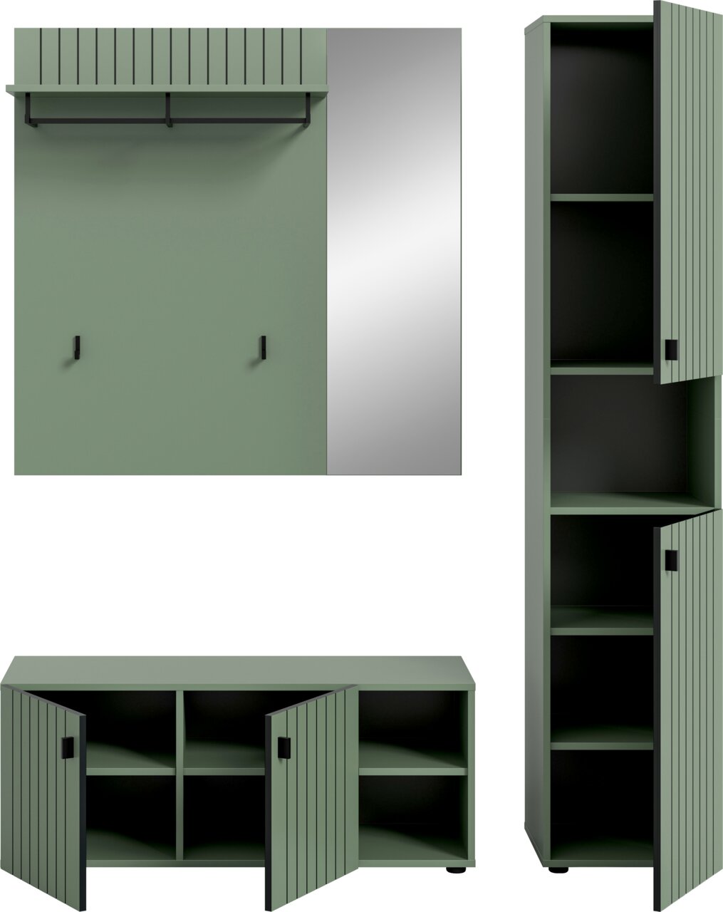 Grünes Möbel-Set mit Sideboard und hohem Schrank mit gerillten Türen und schwarzen Griffen, Türen teils geöffnet; Ansicht als Frontansicht und leicht schräg von vorn