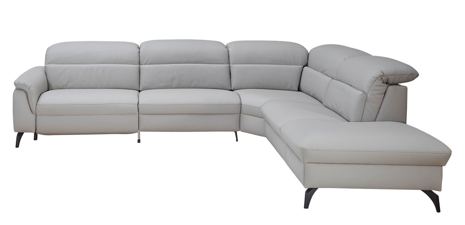 Graue Eckgarnitur aus Leder mit modernem Design, Ansicht von vorne.