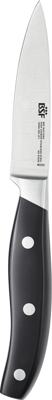 Spick- und Garniermesser mit schwarzem Griff und Edelstahlklinge, seitliche Ansicht