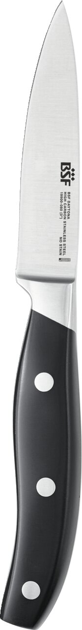 Spick- und Garniermesser mit schwarzem Griff und Edelstahlklinge, seitliche Ansicht