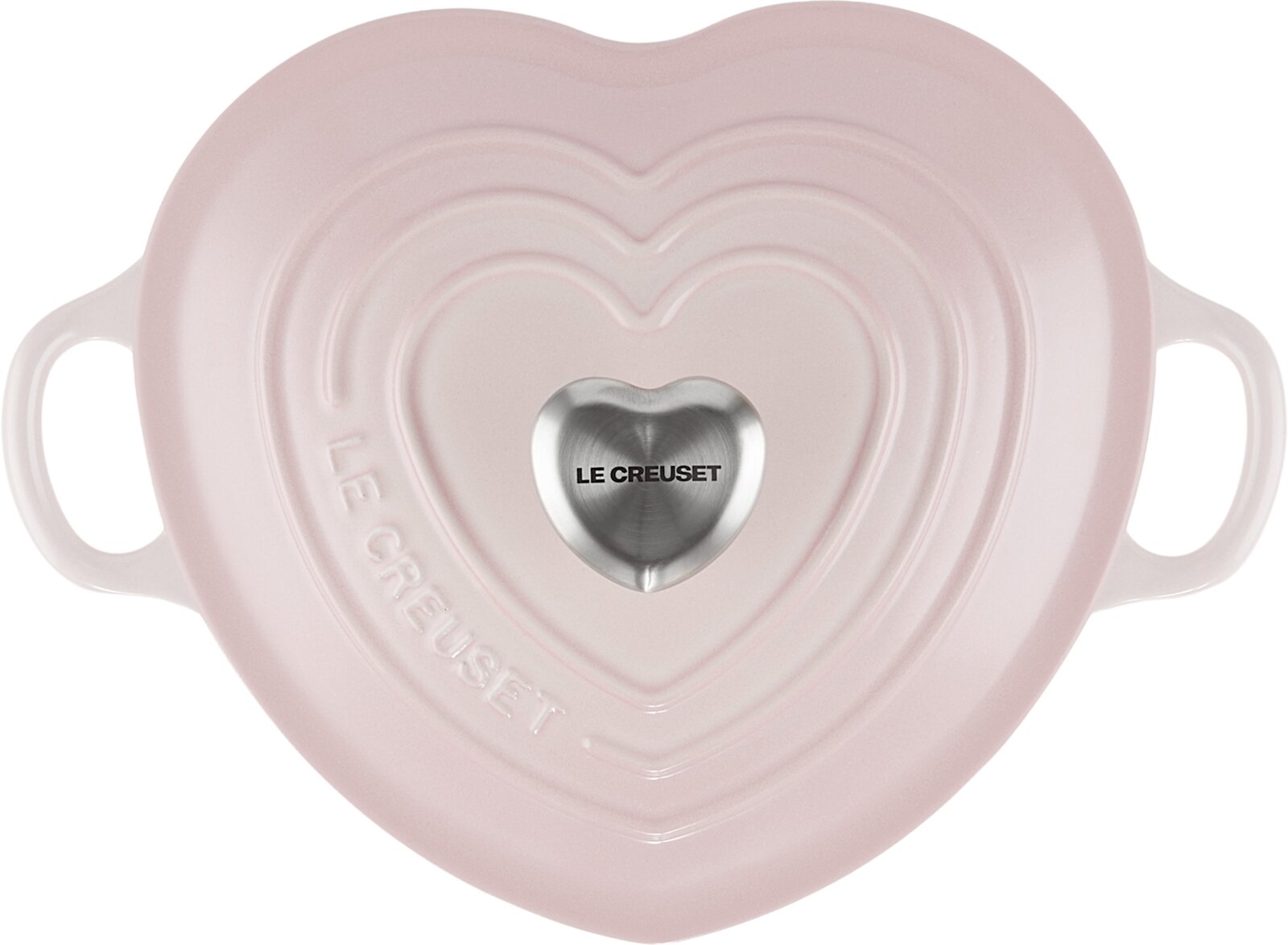 Zartrosa Le Creuset Herz-Bräter mit Deckel und seitlichen Griffen, Draufsicht von oben; Herzknauf aus Edelstahl mit Logo