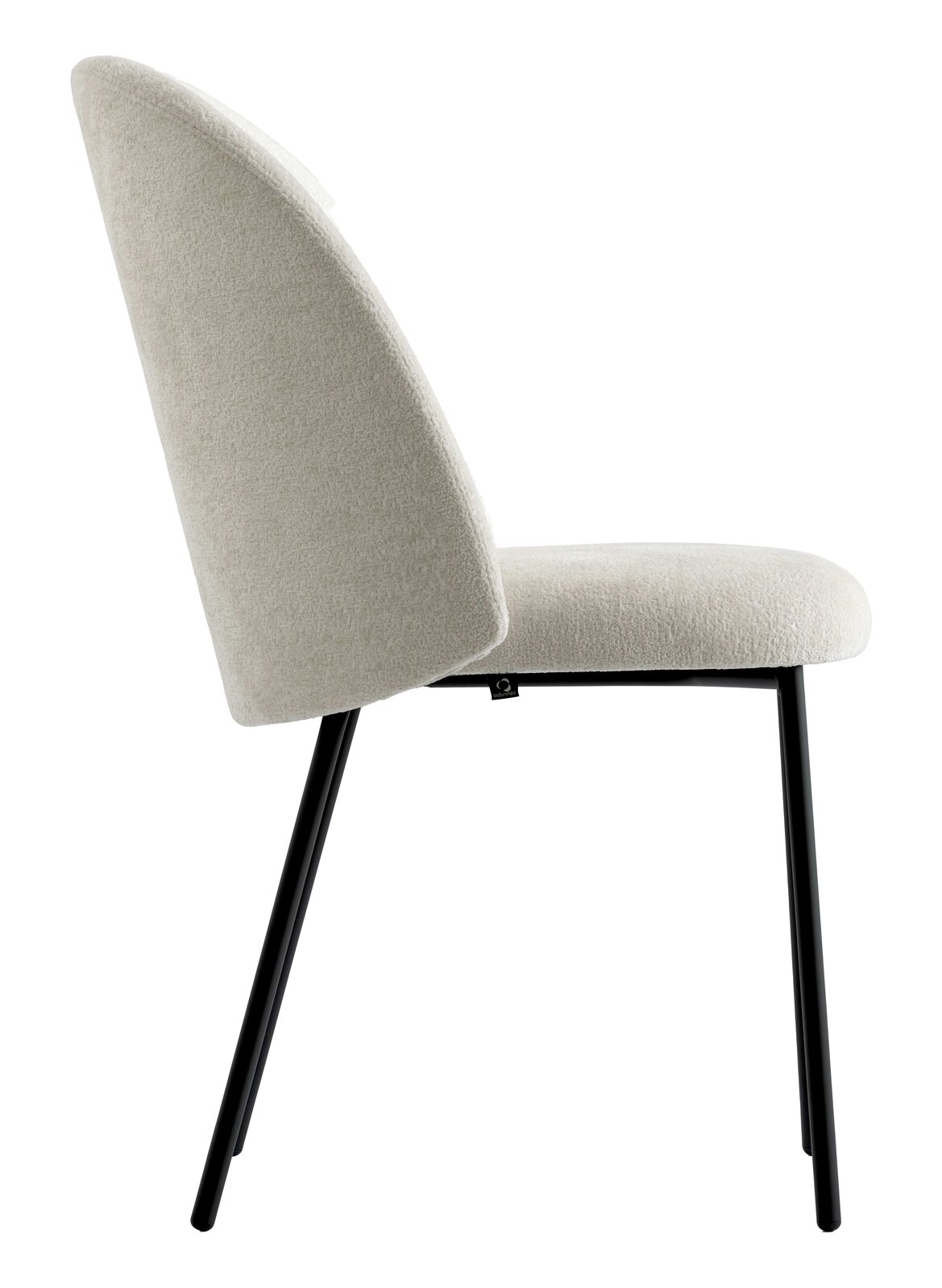 Seitenansicht eines modernen Stuhls mit hellgrauem Stoffbezug und schwarzen Metallbeinen.