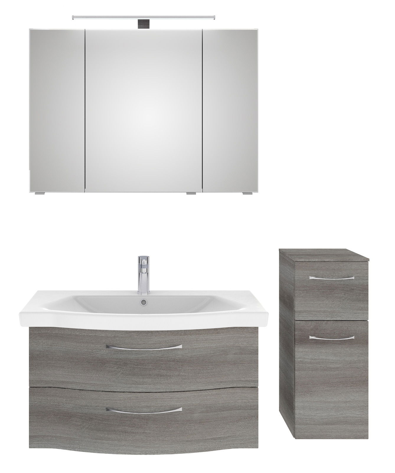 Pelipal Badblok SERIE 6005 SPRINT Badezimmermöbel-Set bestehend aus einem großen Spiegelschrank mit Beleuchtung, einem Waschbeckenunterschrank mit zwei Schubladen und einem schmalen Hochschrank, alles in moderner Holzoptik, frontal abgebildet.