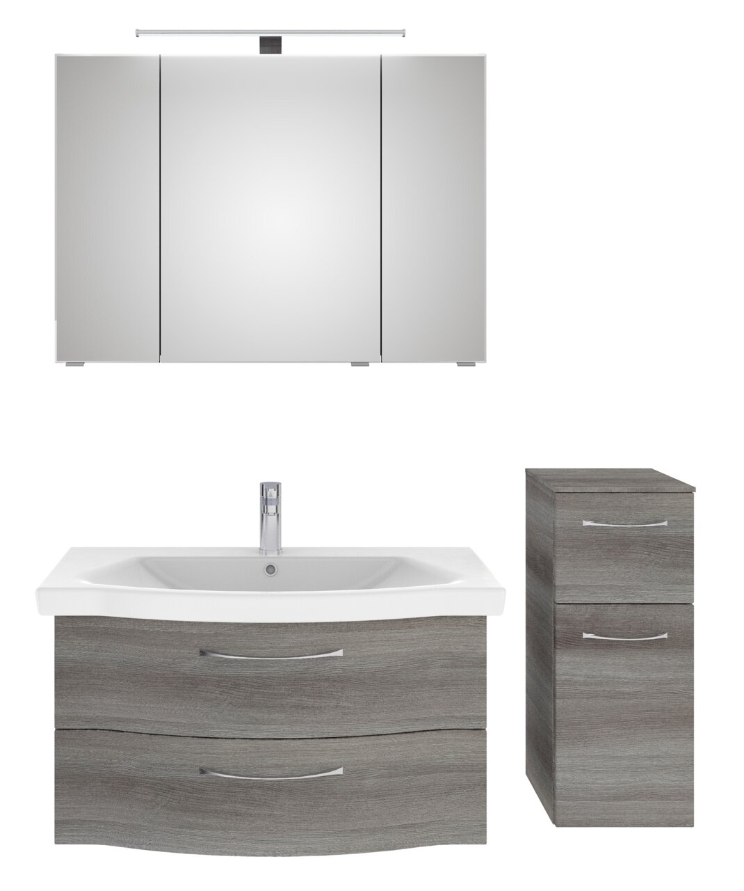 Badezimmermöbel-Set bestehend aus einem großen Spiegelschrank mit Beleuchtung, einem Waschbeckenunterschrank mit zwei Schubladen und einem schmalen Hochschrank, alles in moderner Holzoptik, frontal abgebildet.