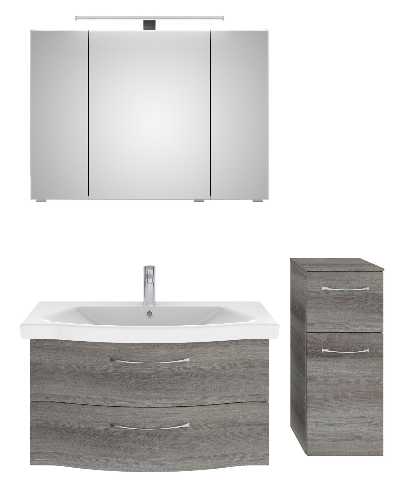 Badezimmermöbel-Set bestehend aus einem großen Spiegelschrank mit Beleuchtung, einem Waschbeckenunterschrank mit zwei Schubladen und einem schmalen Hochschrank, alles in moderner Holzoptik, frontal abgebildet.