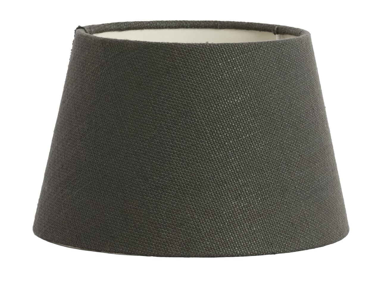 Runder, dunkelgrauer Lampenschirm aus Stoff, seitliche Perspektive