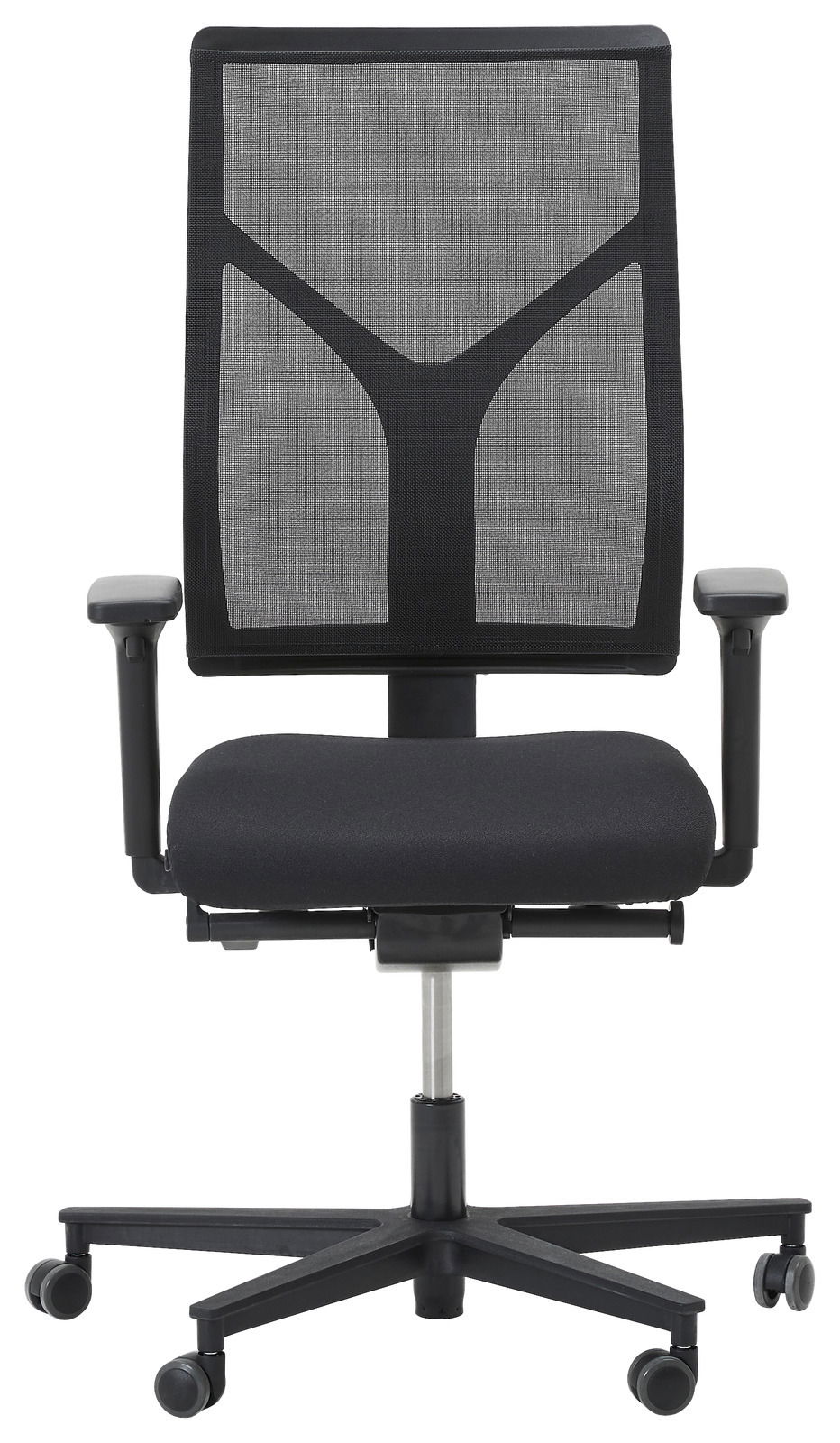 Frontalansicht eines modernen Drehstuhls mit Netzrückenlehne und schwarzen Armlehnen.