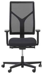 Frontalansicht eines modernen Drehstuhls mit Netzrückenlehne und schwarzen Armlehnen.