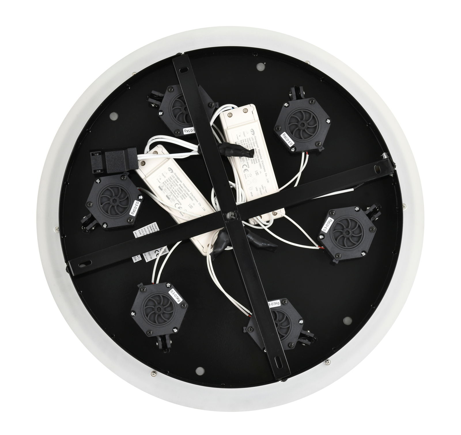 Rückansicht einer runden LED-Pendelleuchte mit sichtbaren elektrischen Komponenten und Kabeln.