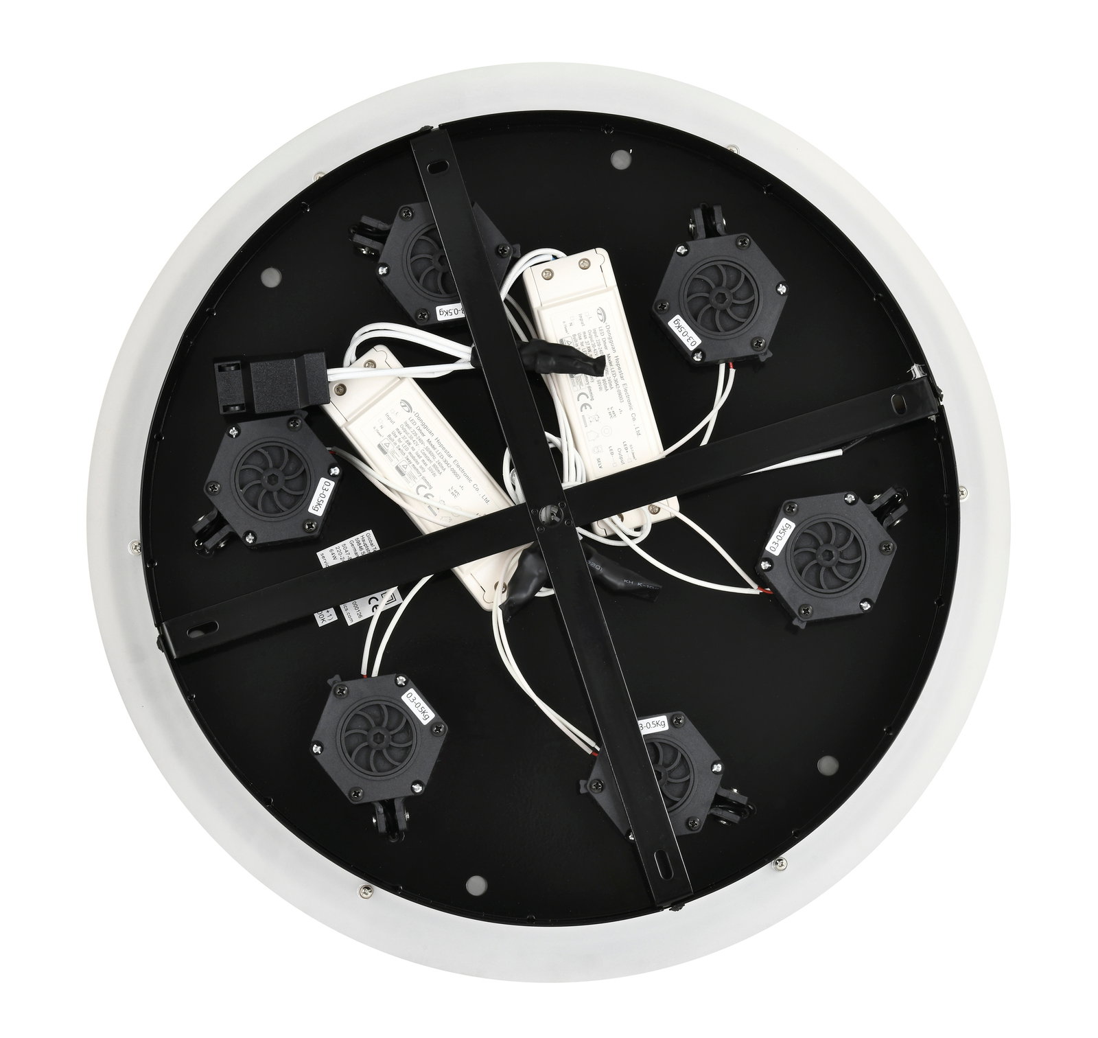 Rückansicht einer runden LED-Pendelleuchte mit sichtbaren elektrischen Komponenten und Kabeln.