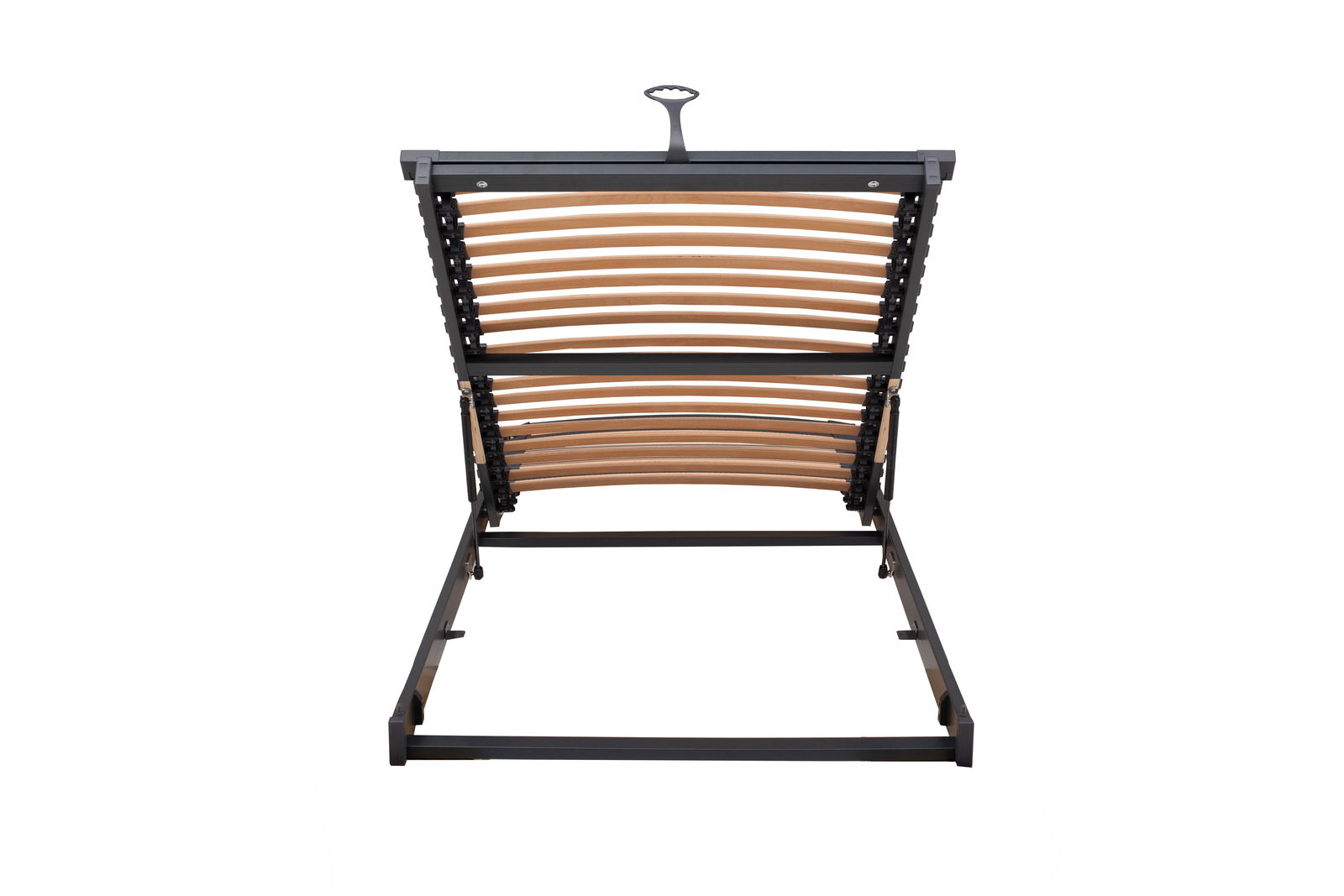 Lattenrost aus Metall und Holz, von vorne betrachtet, mit verstellbarem Kopfteil.