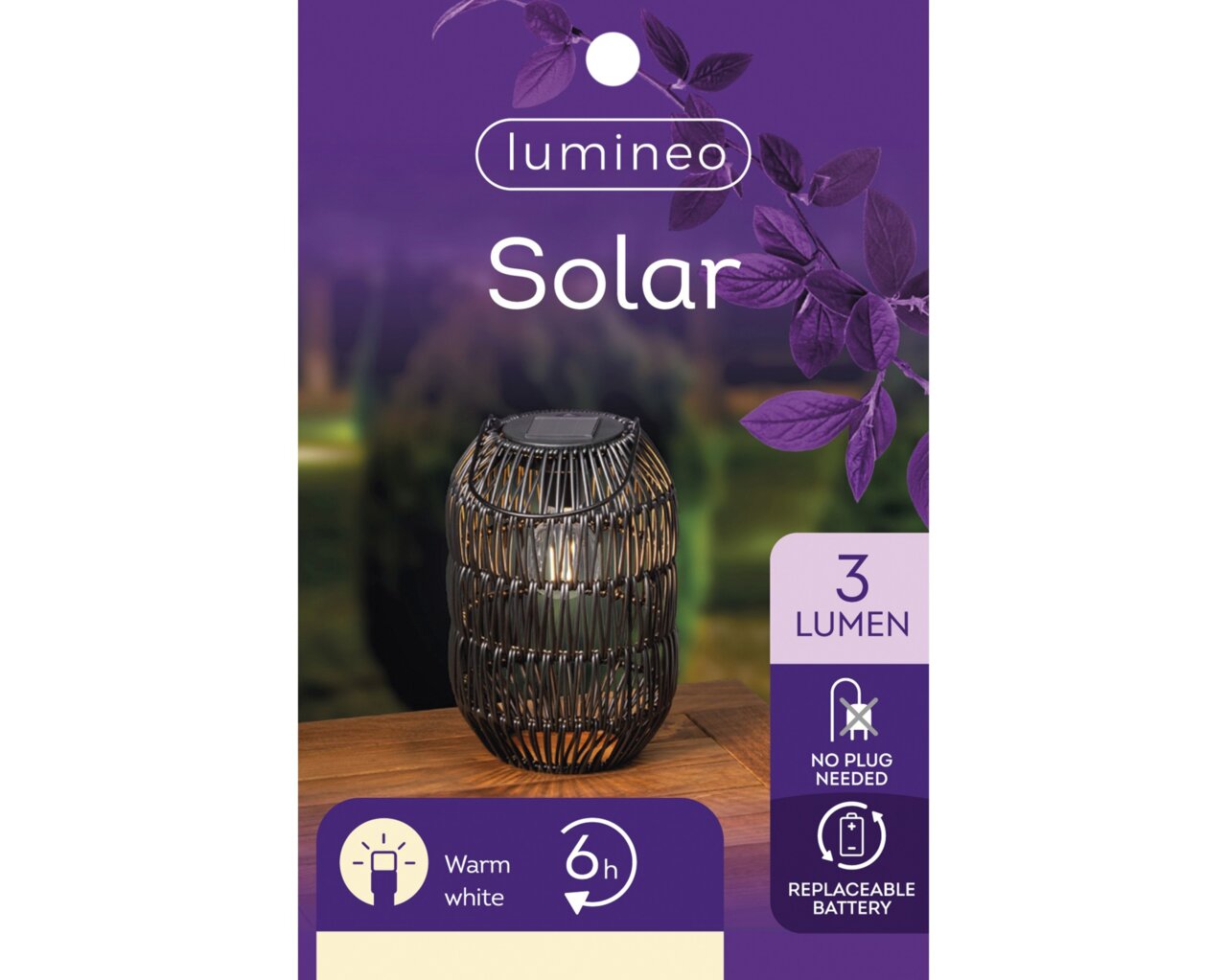 Solar Laterne aus Eisen mit warmweißem Licht, 3 Lumen, auf einem Tisch stehend, Vorderansicht