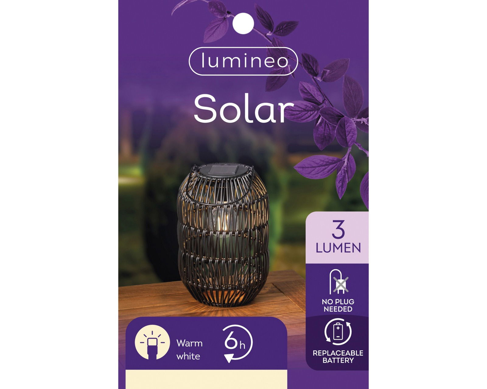 Solar Laterne aus Eisen mit warmweißem Licht, 3 Lumen, auf einem Tisch stehend, Vorderansicht