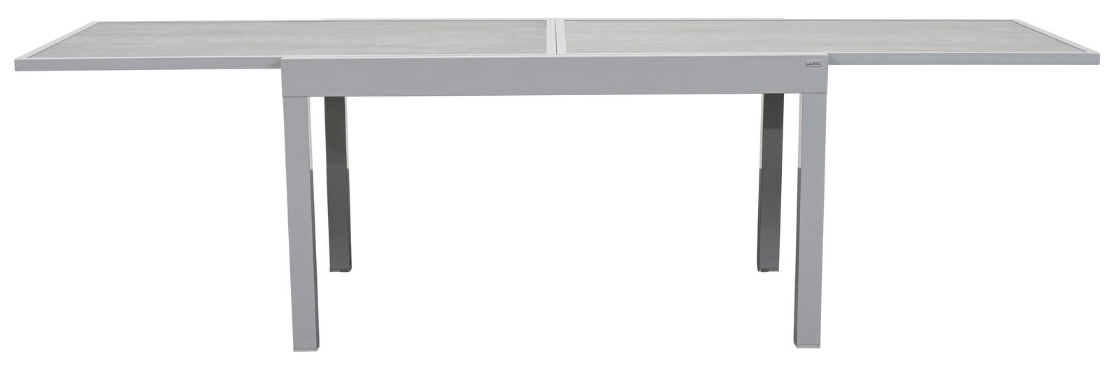 Moderner Gartentisch aus Metall mit rechteckiger Tischplatte, frontal fotografiert.