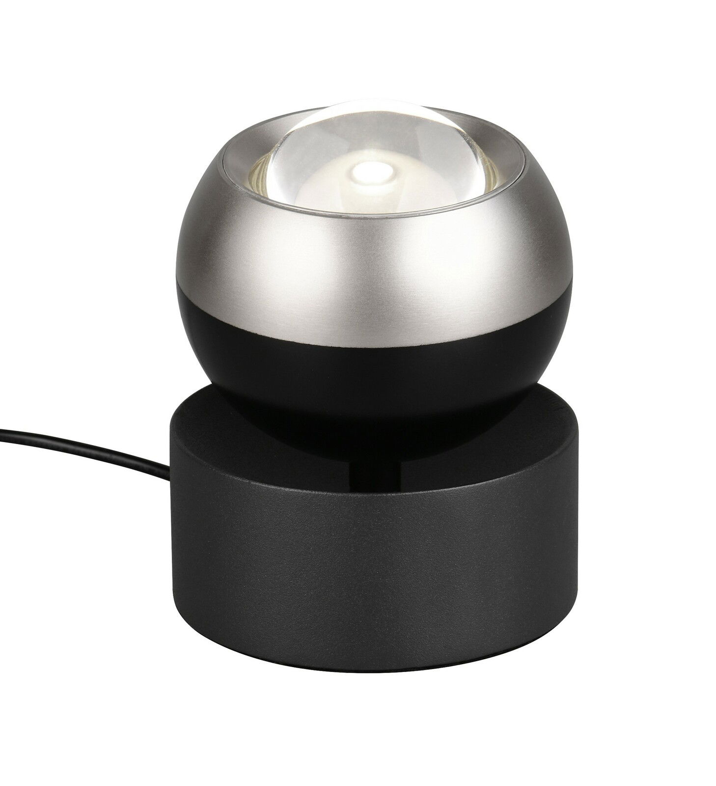 Moderne Tischleuchte in Kugelform aus Metall, seitliche Perspektive