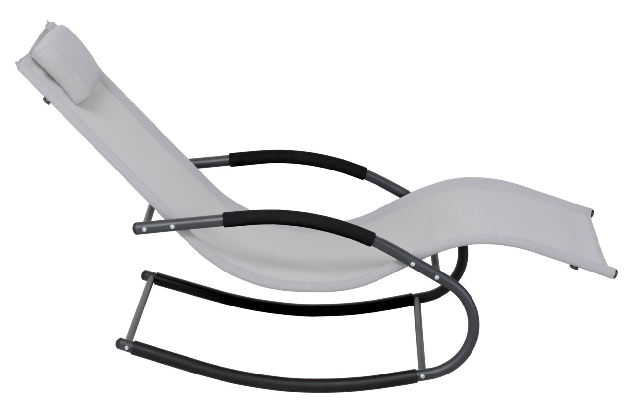 Seitliche Ansicht einer modernen Schaukelliege mit grauem Metallrahmen und weißem Stoffbezug.