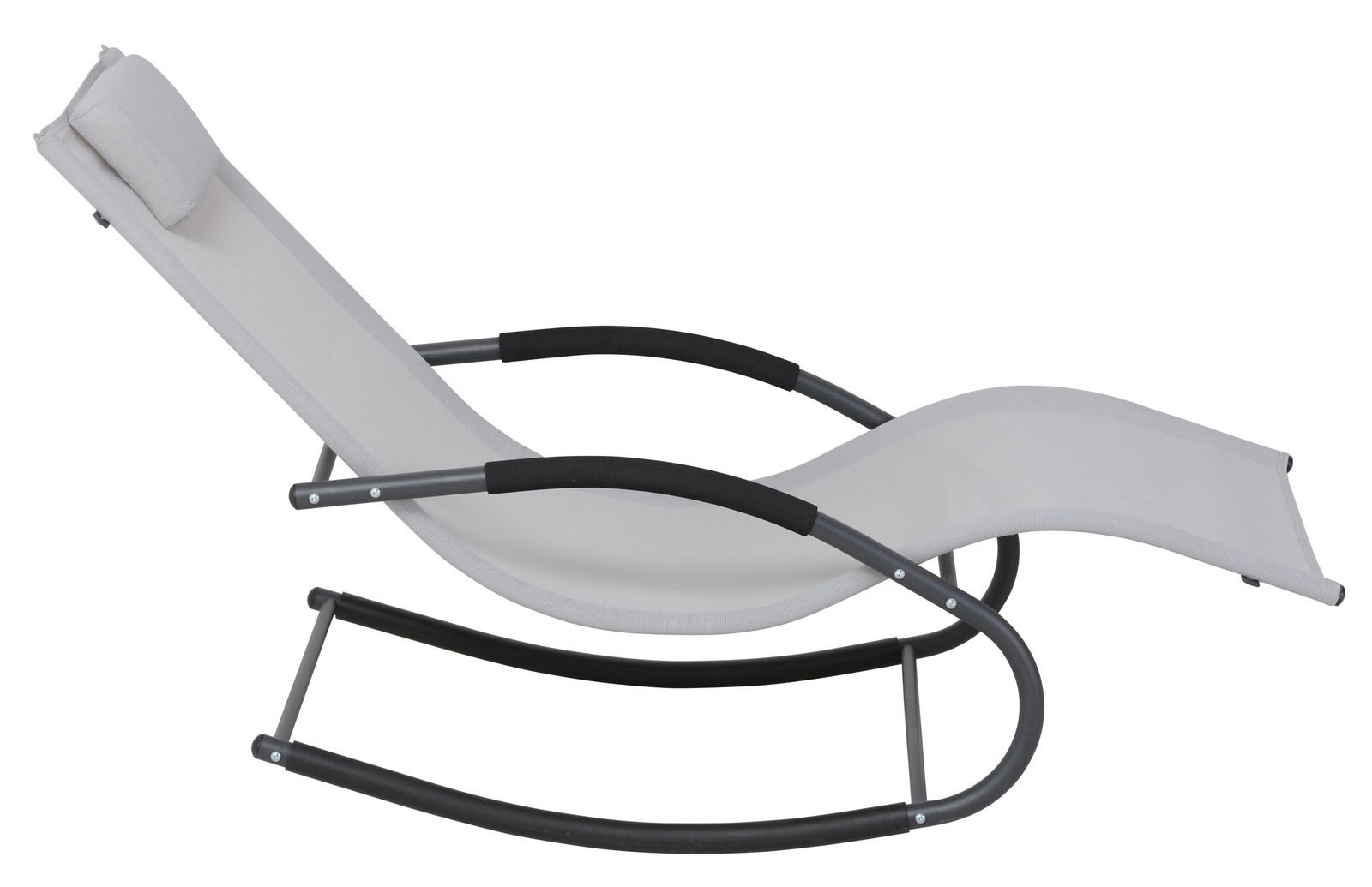 Seitliche Ansicht einer modernen Schaukelliege mit grauem Metallrahmen und weißem Stoffbezug.