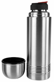 Edelstahl-Isolierflasche mit abgenommenem Deckel, seitliche Perspektive
