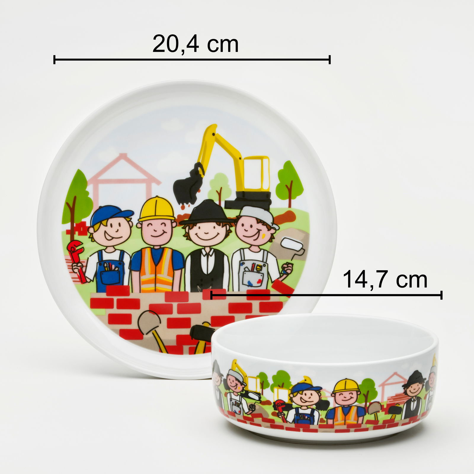 Kindergeschirr-Set mit Baustellenmotiv, bestehend aus einem Teller und einer Schale, mit fröhlichen Bauarbeitern und Baugeräten, Vorderansicht