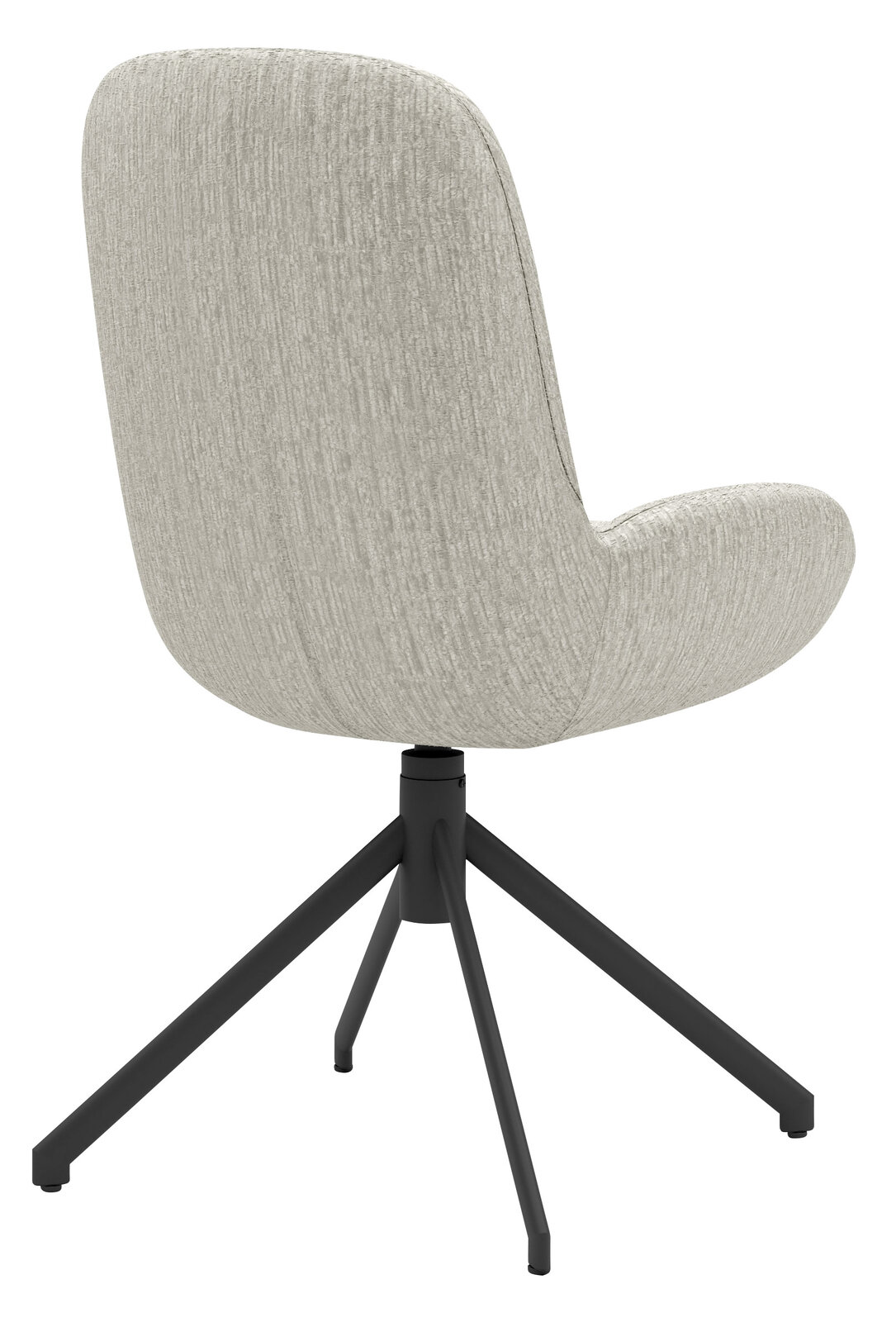 Moderner Stuhl mit hellgrauem Stoffbezug und schwarzem Metallgestell, Rückansicht