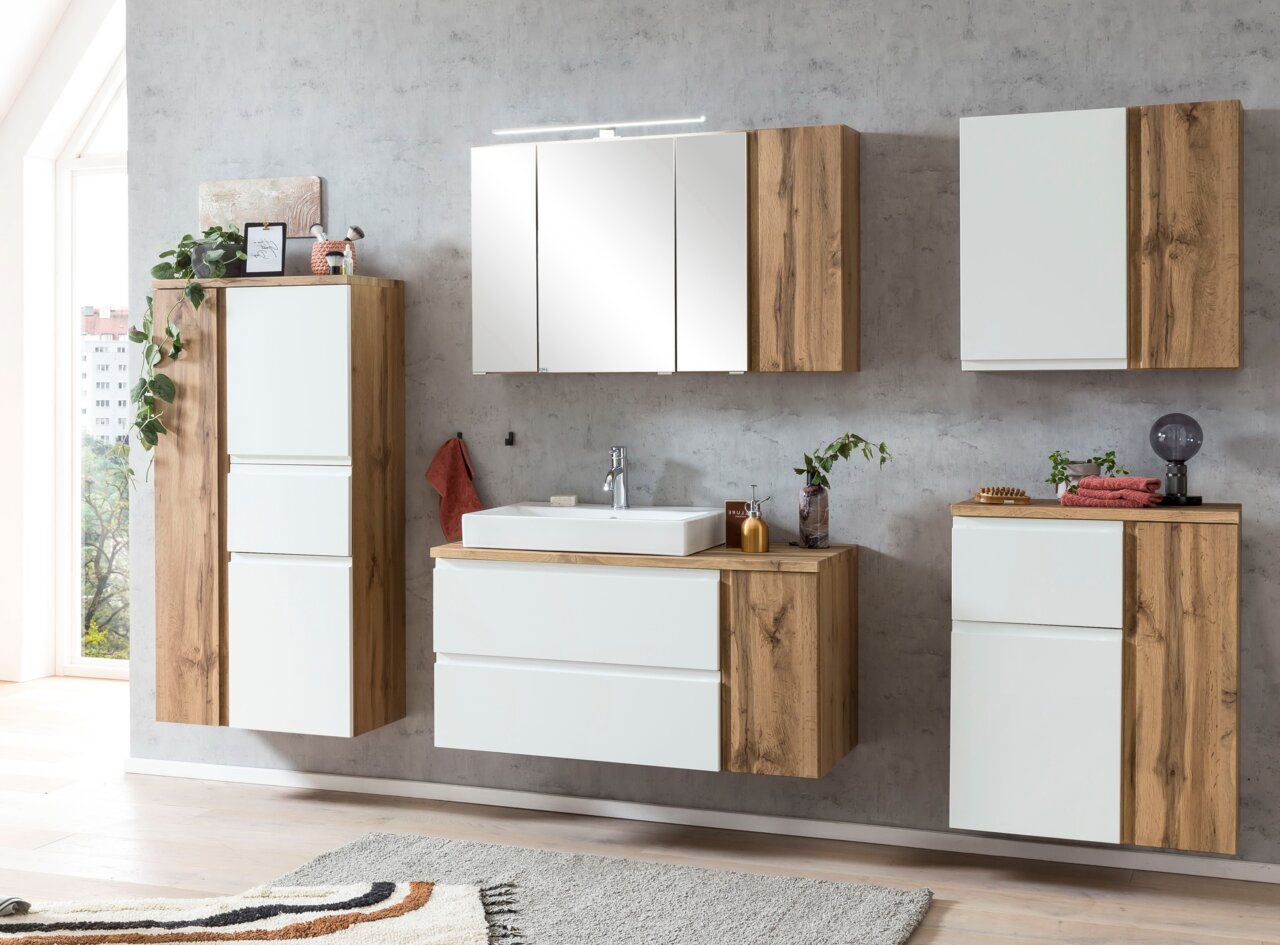Modernes Waschtisch-Set 105 cm in Holzoptik mit weißem Waschbecken und Spiegel, seitliche Perspektive
