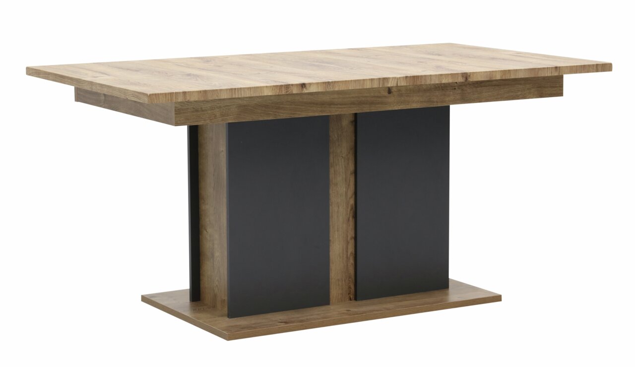 Moderner Esstisch aus Holz mit schwarzem Akzent, seitliche Perspektive