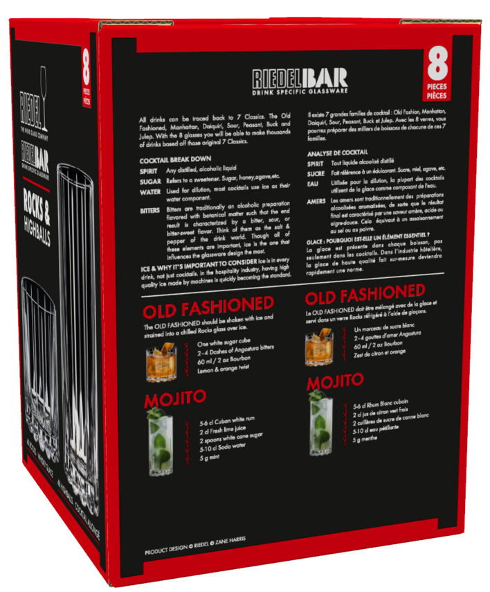 Verpackung des Riedel Bar Drinksets Rocks & Highball, Vorderansicht mit Informationen zu Cocktails und Gläsern.