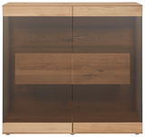 Frontansicht eines modernen Highboards mit Holzoptik und Glastüren.