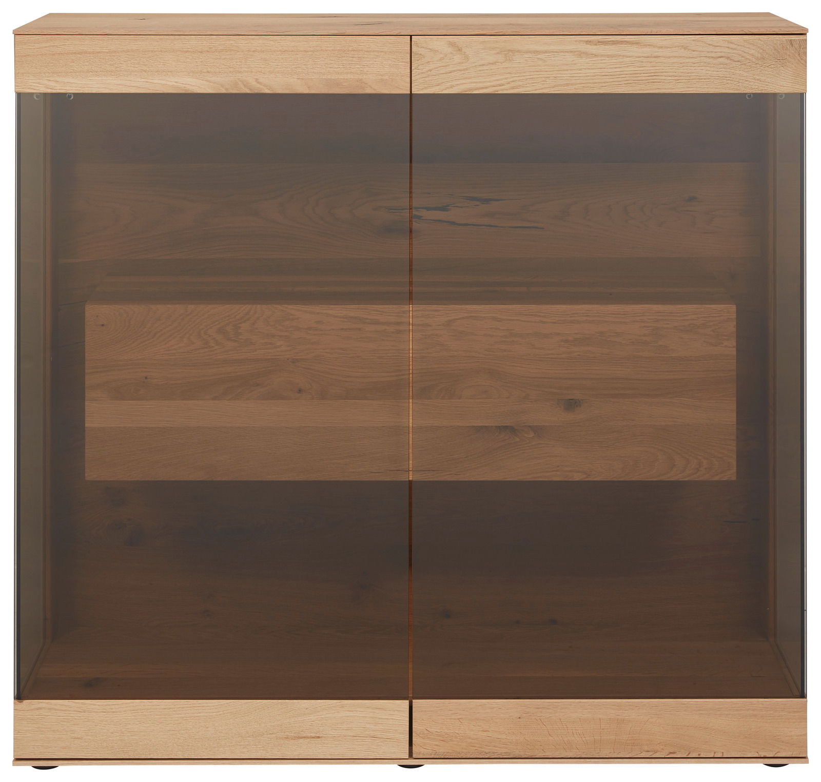 Frontansicht eines modernen Highboards mit Holzoptik und Glastüren.