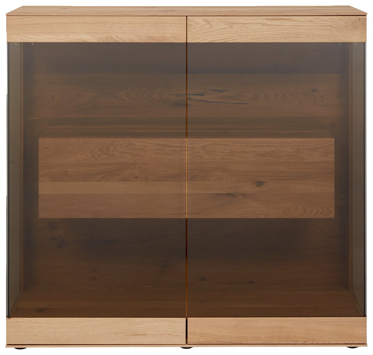 Frontansicht eines modernen Highboards mit Holzoptik und Glastüren.