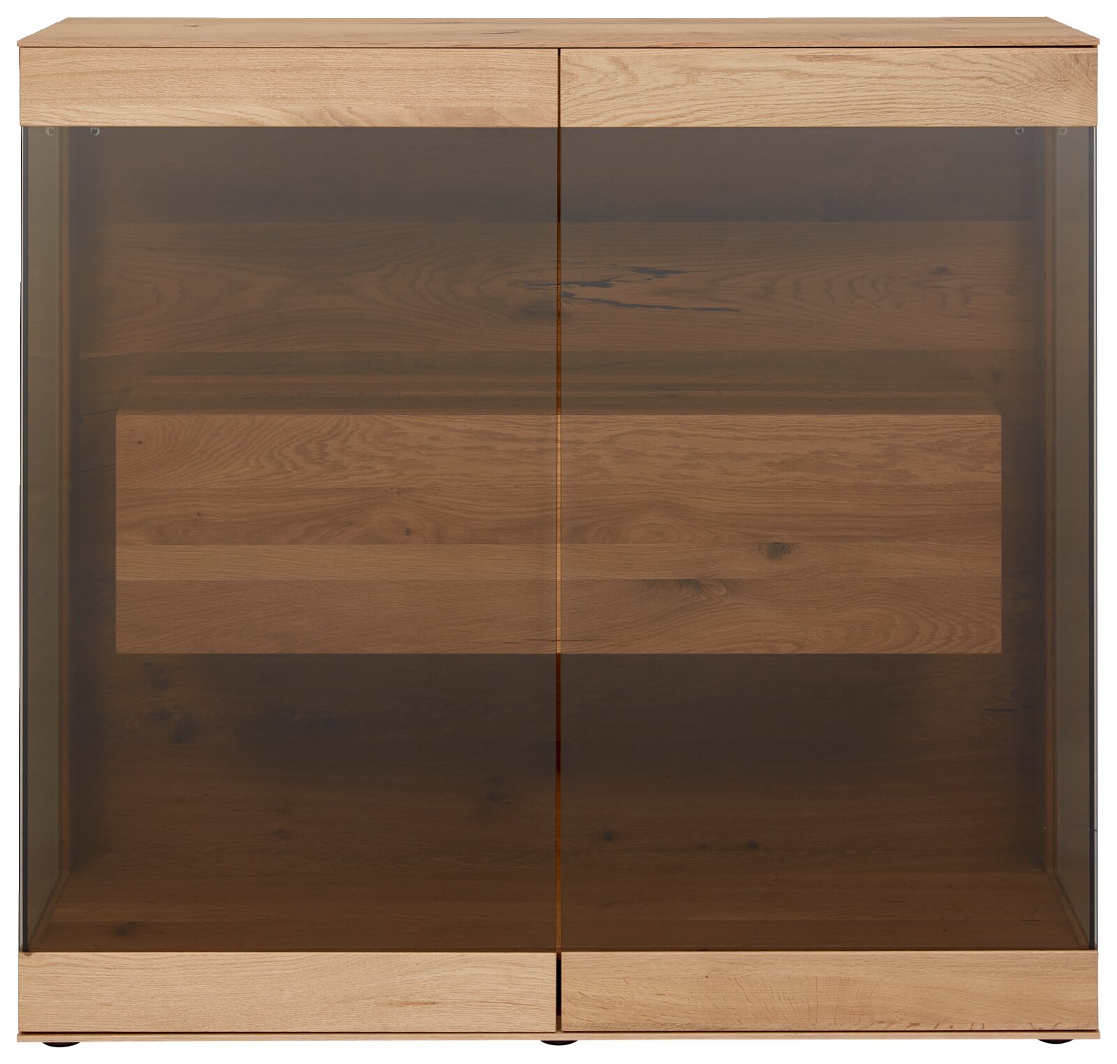 Frontansicht eines modernen Highboards mit Holzoptik und Glastüren.