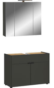 Badezimmer-Set bestehend aus einem dreitürigen Spiegelschrank mit integrierter Beleuchtung und einem Unterschrank mit zwei Türen, in moderner Frontansicht.