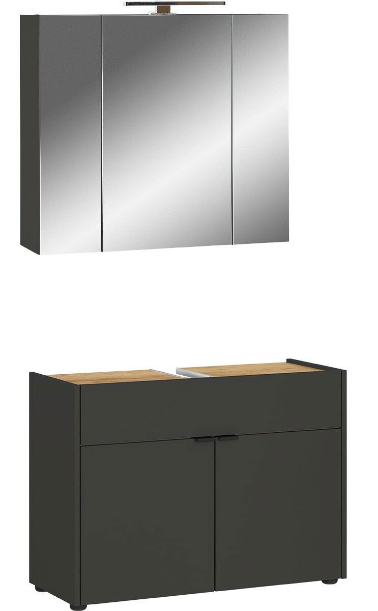 Badezimmer-Set bestehend aus einem dreitürigen Spiegelschrank mit integrierter Beleuchtung und einem Unterschrank mit zwei Türen, in moderner Frontansicht.