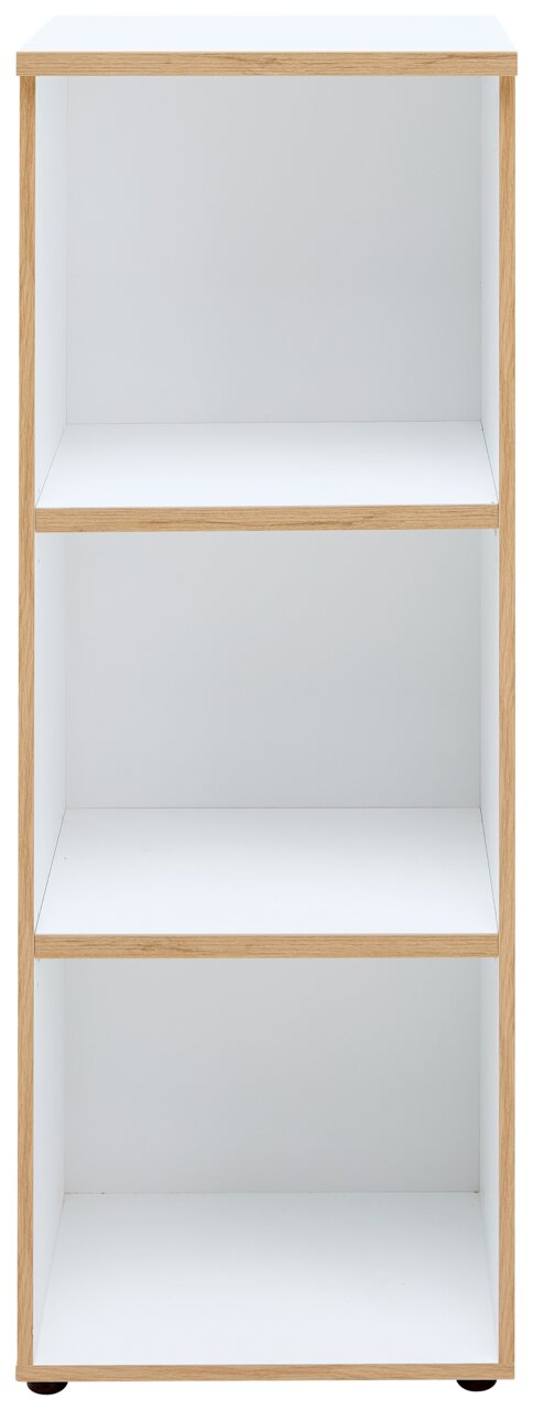 Weißes, niedriges und schmales Regal mit drei offenen Fächern, frontal betrachtet.