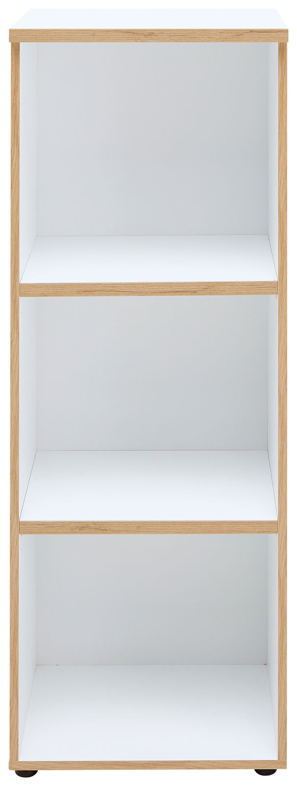 Weißes, niedriges und schmales Regal mit drei offenen Fächern, frontal betrachtet.