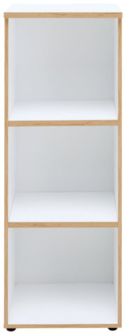 Weißes, niedriges und schmales Regal mit drei offenen Fächern, frontal betrachtet.