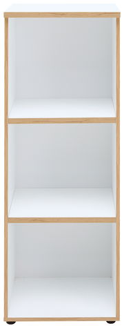 Weißes, niedriges und schmales Regal mit drei offenen Fächern, frontal betrachtet.