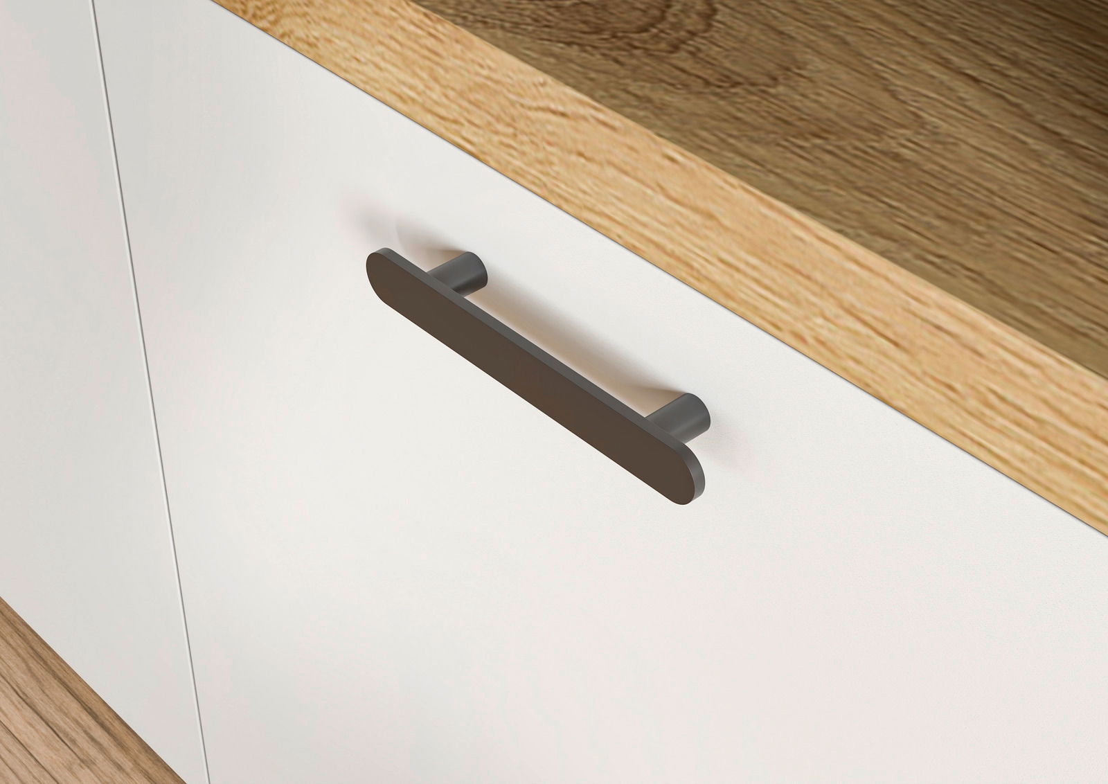 Nahaufnahme einer Kompaktgarderobe mit weißer Oberfläche und Holzplatte, seitliche Perspektive