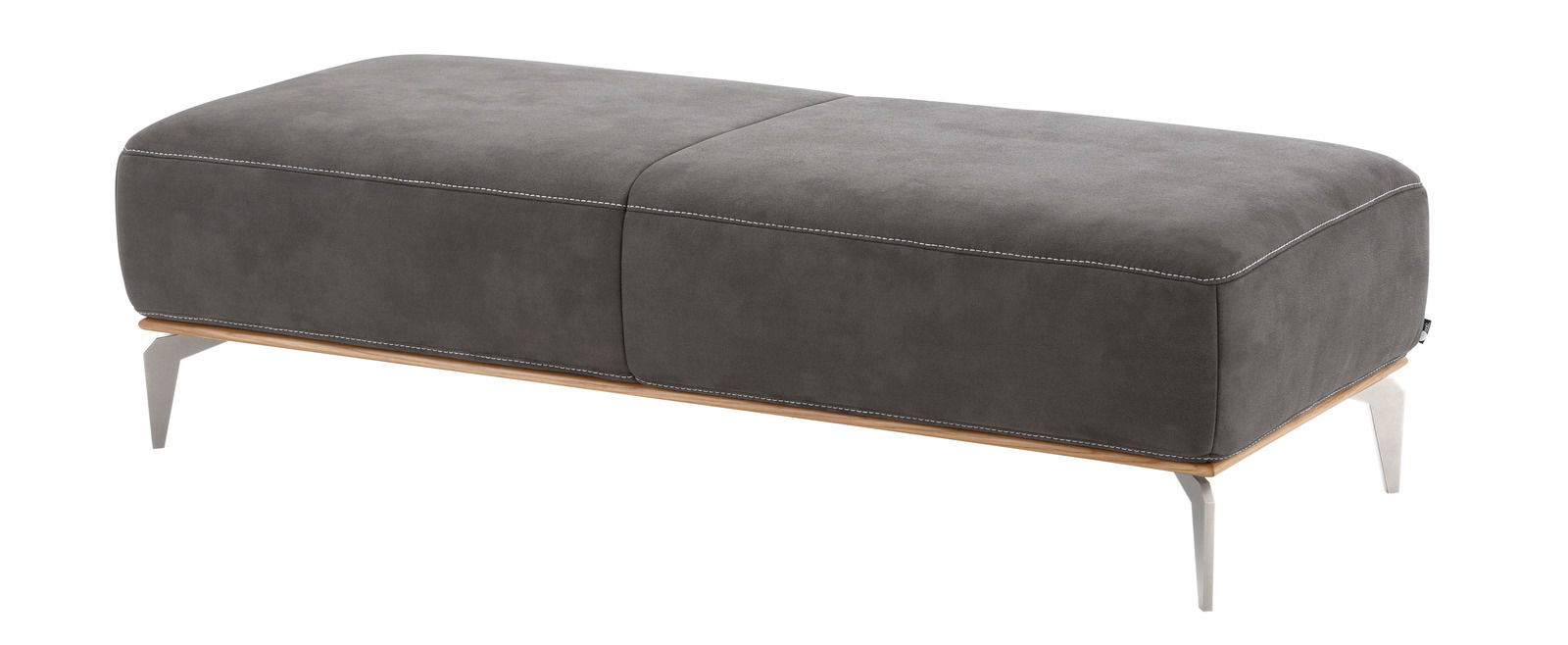 Großer, rechteckiger Hocker in Dunkelgrau mit Metallbeinen, seitliche Perspektive