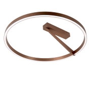 Moderne runde LED-Deckenleuchte in bronzefarbener Metalloptik mit ringförmigem Lichtband, schräg von unten (Untersicht) fotografiert vor weißem Hintergrund