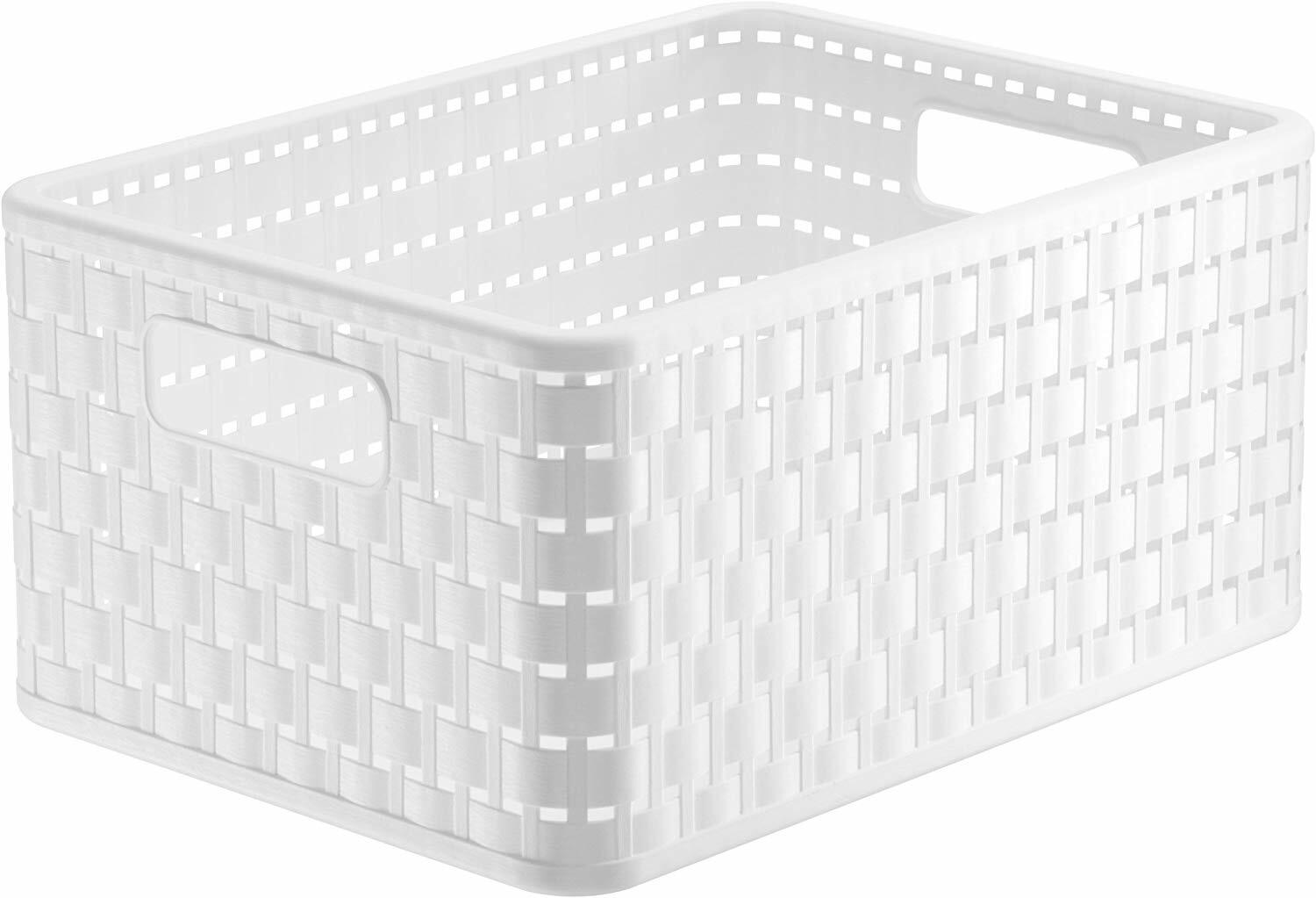 Weißer Aufbewahrungskorb aus Kunststoff mit geflochtenem Design, seitliche Griffe, Perspektive von schräg oben